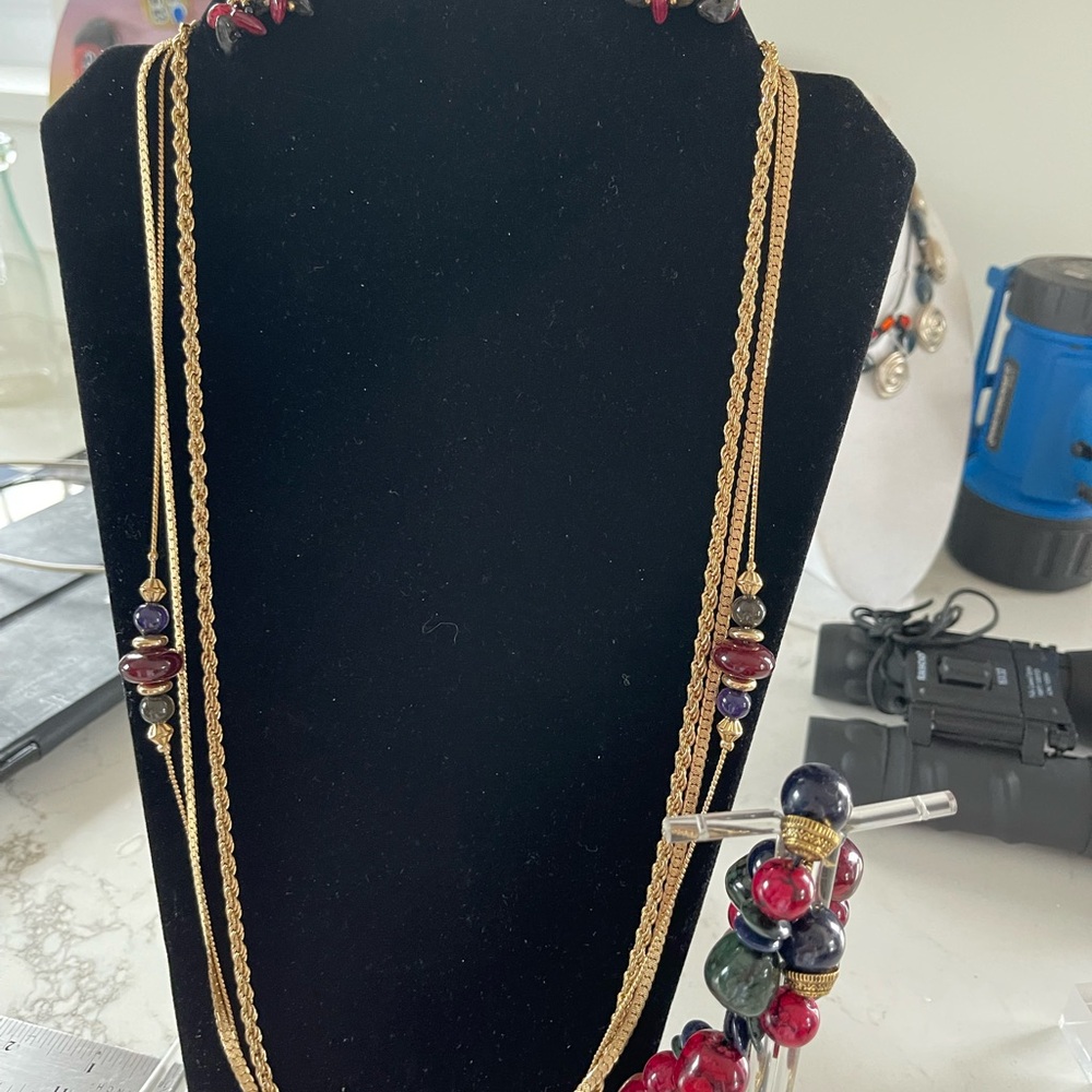 Gold-Tone Multi-Strand Necklace with Red & Purple Beads, earrings &bonus bracele